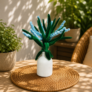 Pipe Cleaner Blue Floral Bouquet & White Vase Set