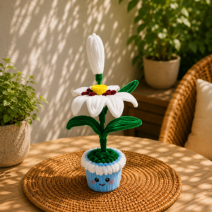 Pipe Cleaner White Lily & Bud Kawaii Potted Sculpture