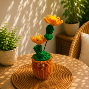 Pipe Cleaner Golden Orange Dual Blossom Potted Sculpture