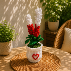 Pipe Cleaner Red & White Tower Flower Potted Sculpture