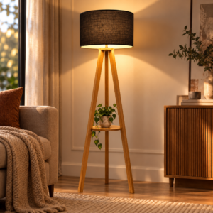 Nordic Wooden Tripod Floor Lamp (Lampadaire) with Display Shelf